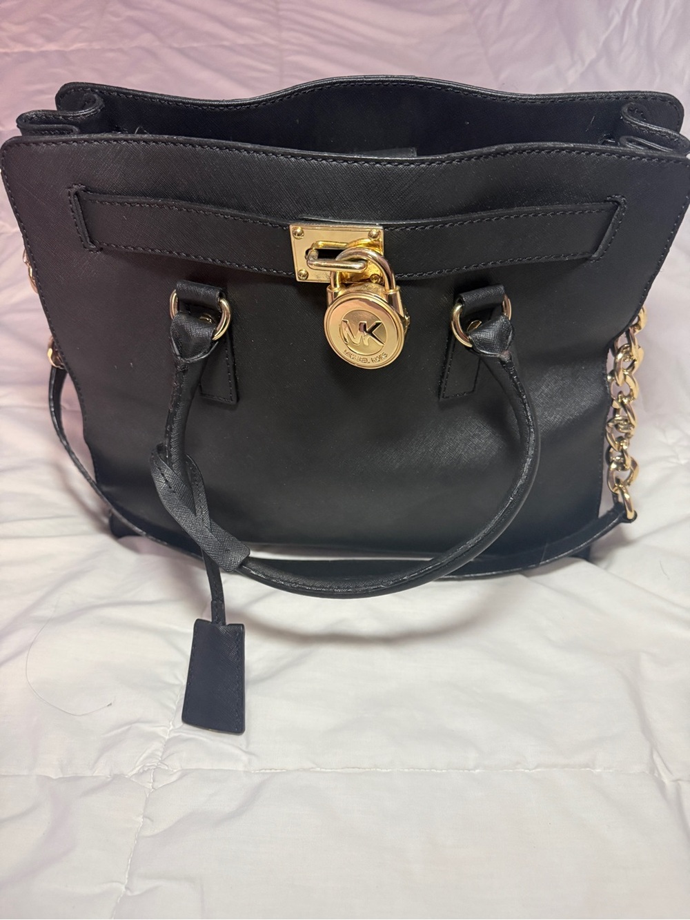Michael Kors Black Leather Satchel with Gold Hardware and Logo Lock